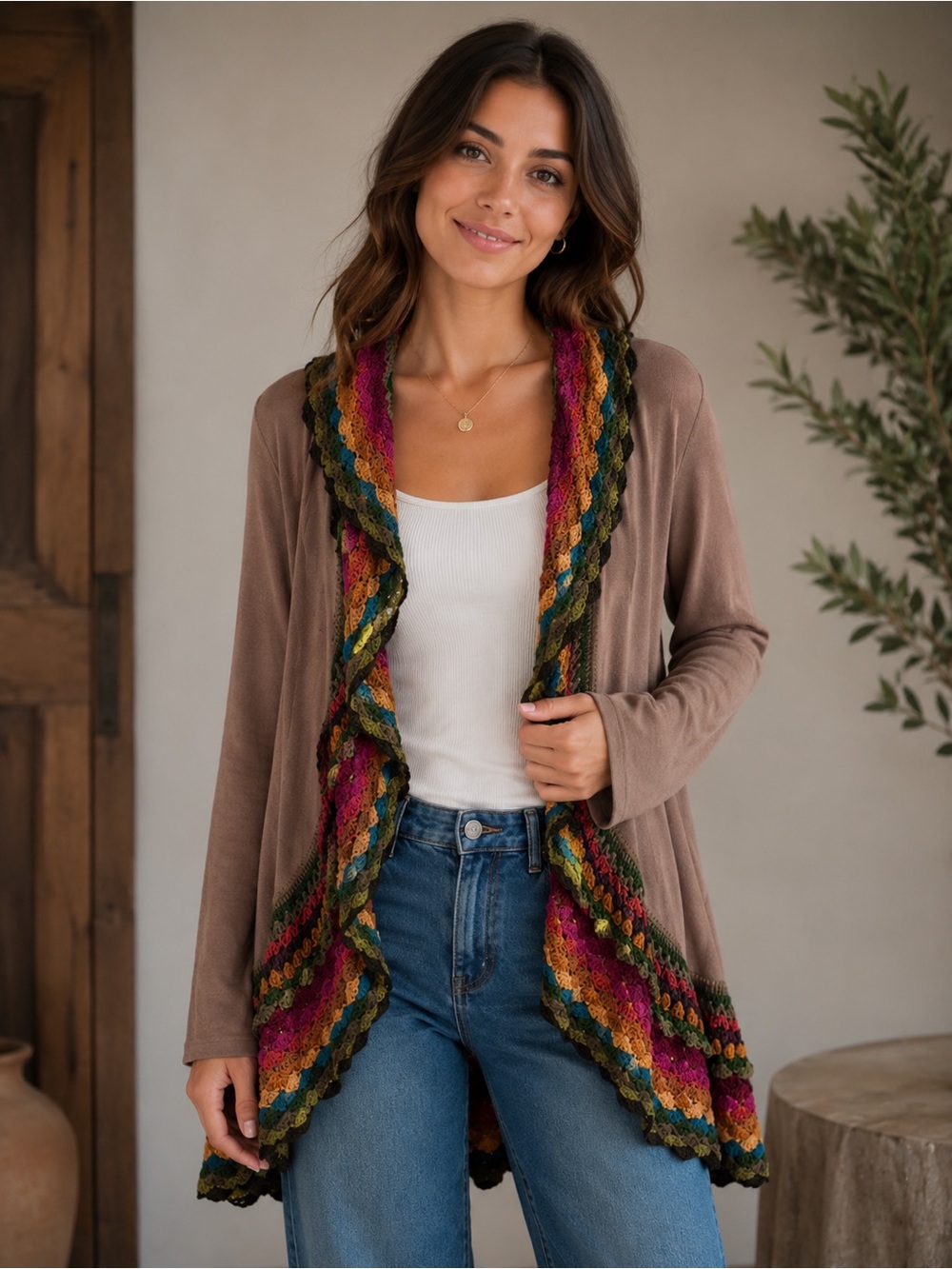 Double Zero Taupe Open-Front Cardigan Granny Square Ruffle Trim Small